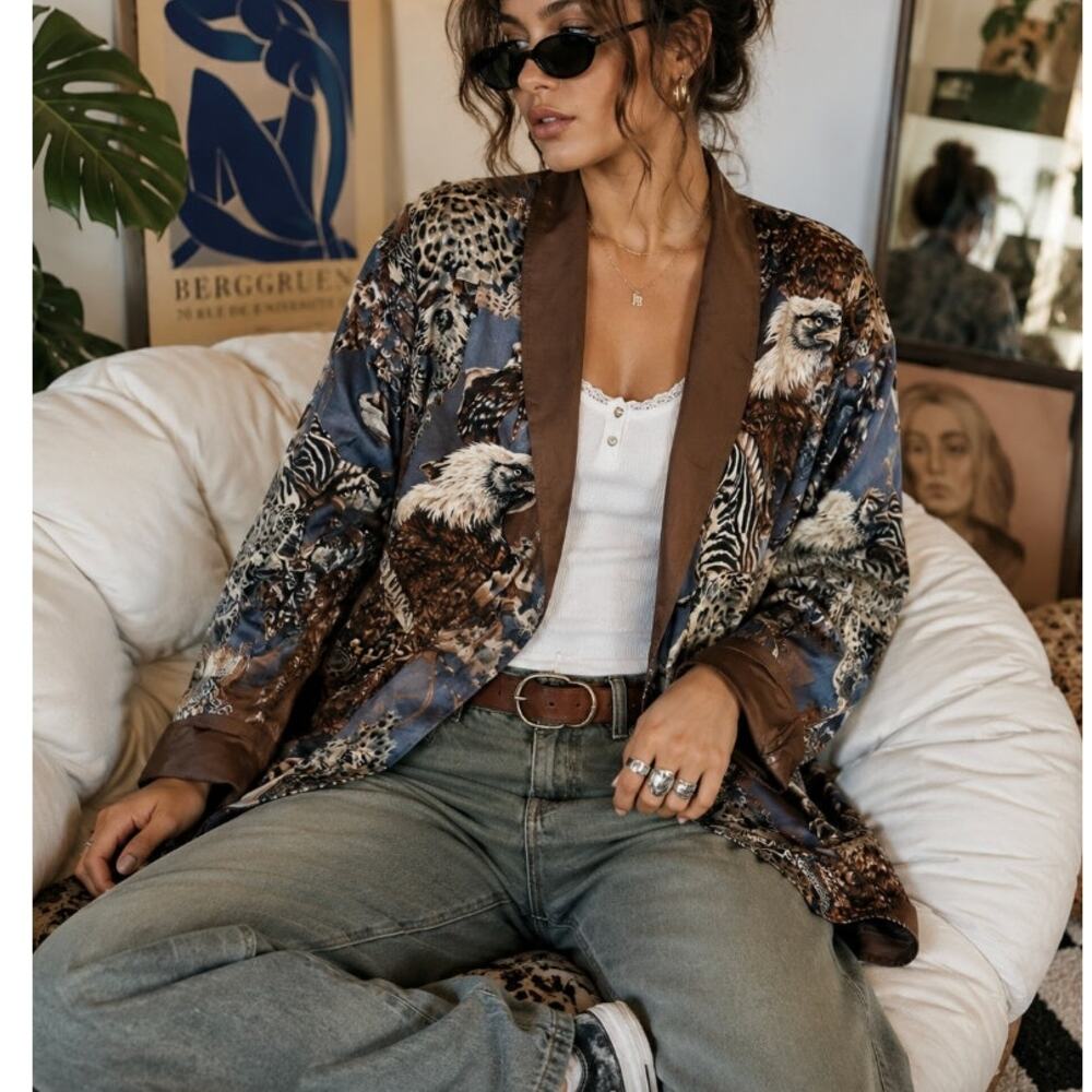 Vintage Adam Douglass Silk Safari Animal Print Jacket 90s Retro Art To Wear M